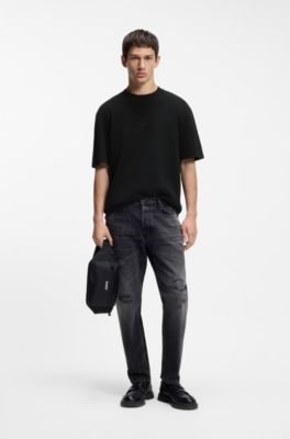 Waffle-structured T-shirt in cotton, Black