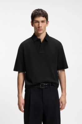 Waffle-structured polo shirt in cotton, Black
