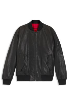 Cazadora bomber regular fit de piel con motivo, Negro