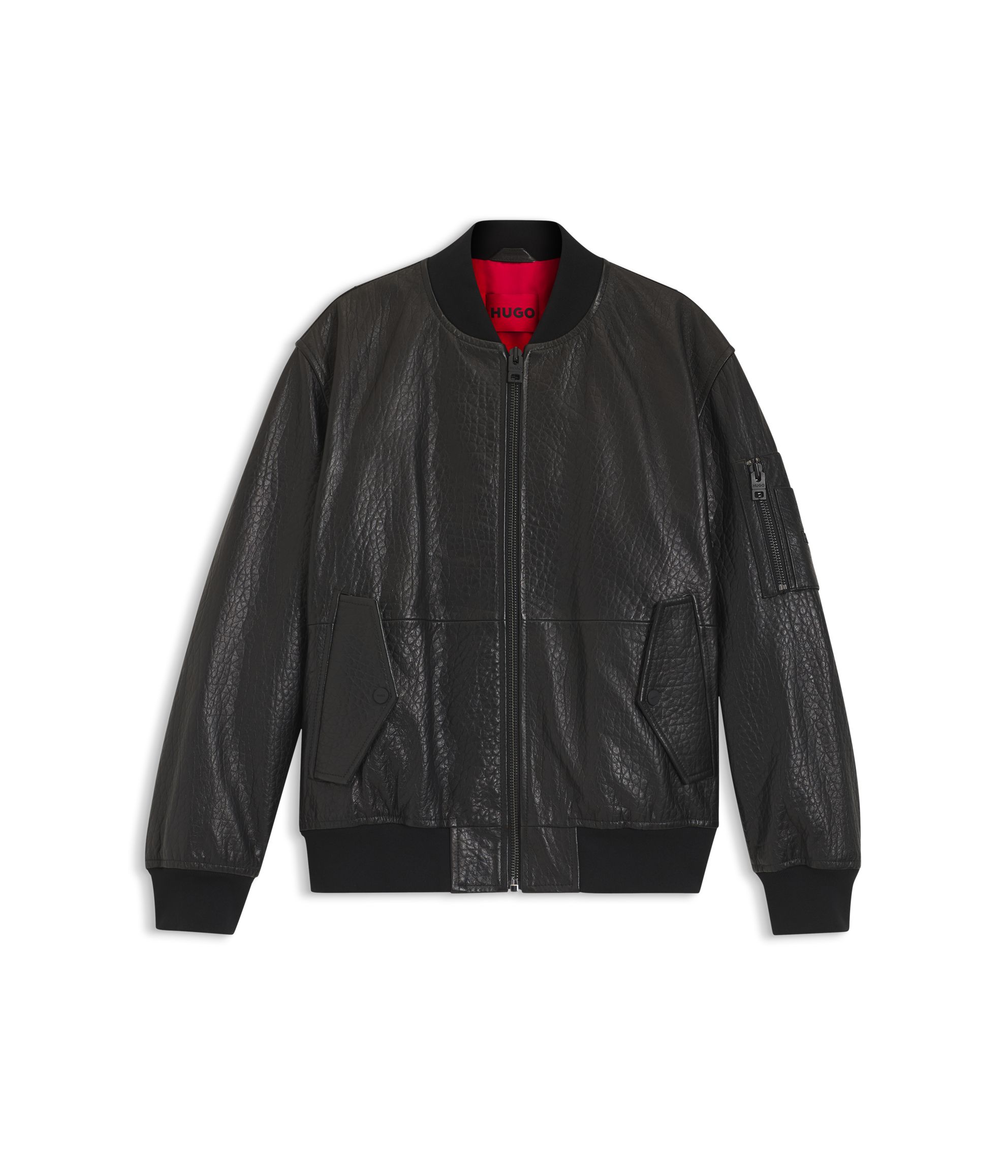HUGO BOSS レザー ジャケット ボンバーネック 黒 白 48 MA1 HUGO - Patterned-leather jacket in a regular fit - Black