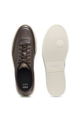 Leather trainers with contrast rubber outsole, Dark Brown