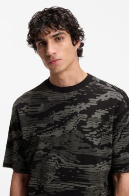 Camouflage-jacquard T-shirt in cotton, Black