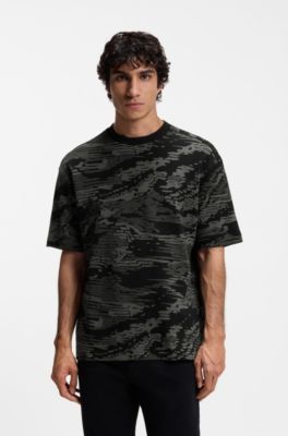 T-shirt en coton &agrave; motif jacquard camouflage, Noir