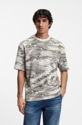T-shirt en coton &agrave; motif jacquard camouflage, Blanc