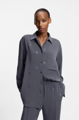 Oversized-fit blouse with stacked logos, Patterned