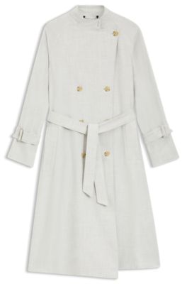 Manteau crois&eacute; en twill avec ceinture, Argent