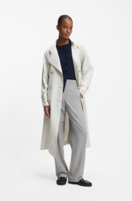 Manteau crois&eacute; en twill avec ceinture, Argent