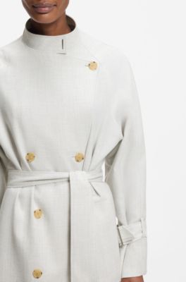 Manteau crois&eacute; en twill avec ceinture, Argent