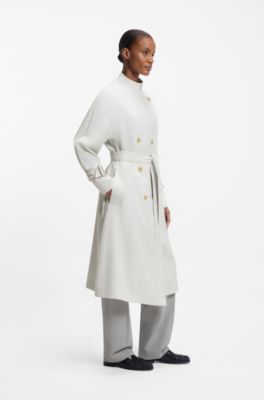 Manteau crois&eacute; en twill avec ceinture, Argent