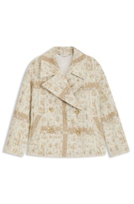 Check-jacquard coat with double-breasted closure, Patterned