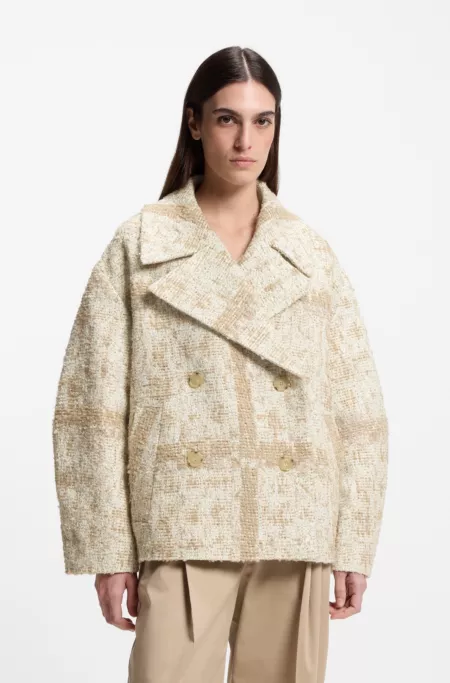 Check-jacquard coat with double-breasted closure