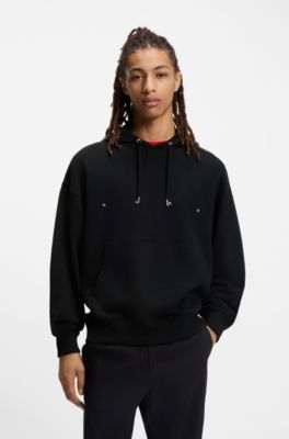 Cotton-terry hoodie with graphic print and embroidered logo, Black