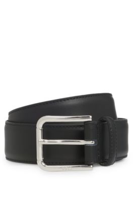 Italian leather belt with logo-engraved pin buckle, Black