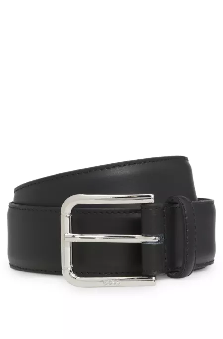 Italian leather belt with logo-engraved pin buckle
