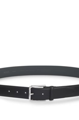 Italian leather belt with logo-engraved pin buckle, Black