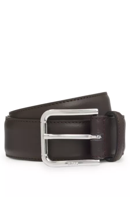 Italian leather belt with logo-engraved pin buckle