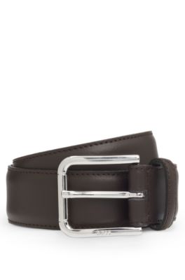 Italian leather belt with logo-engraved pin buckle, Dark Brown