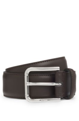 Italian leather belt with logo-engraved pin buckle, Dark Brown