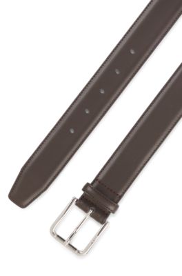 Italian leather belt with logo-engraved pin buckle, Dark Brown