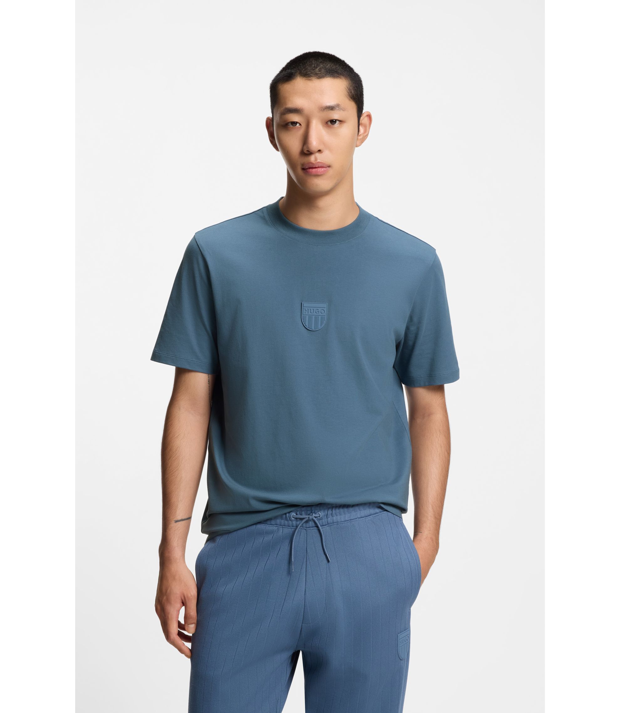 HUGO - Rubber-logo T-shirt in cotton jersey - Light Blue