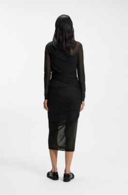 Vestido slim fit con paneles de malla, Negro