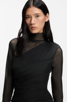 Vestido slim fit con paneles de malla, Negro