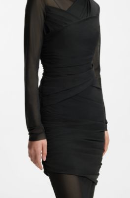 Vestido slim fit con paneles de malla, Negro