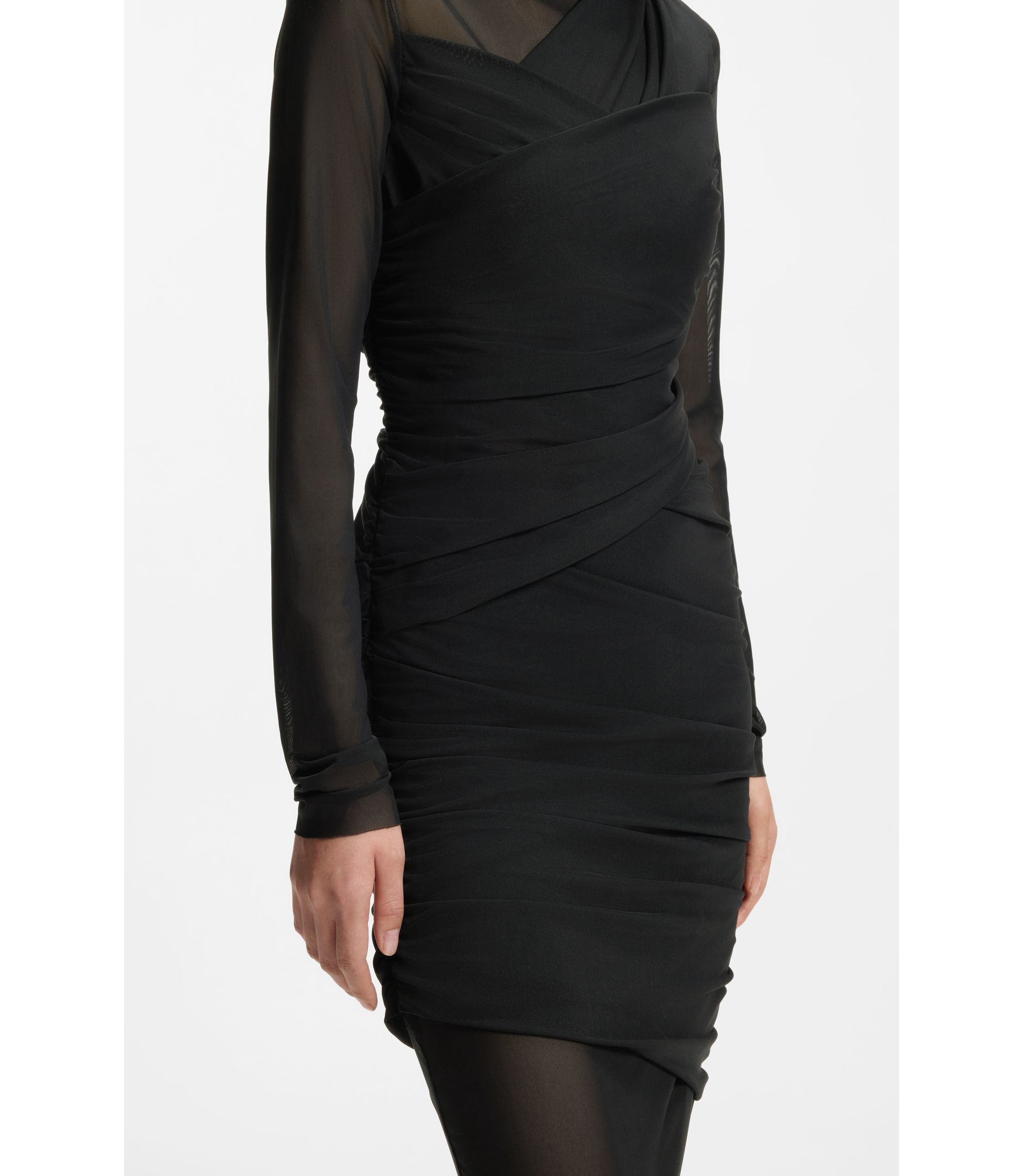 black silky mini dress AKIRA She Means Business Tie Detail Mesh Midi Dress | Black
