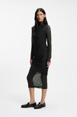 Vestido slim fit con paneles de malla, Negro