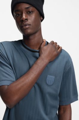 Cotton-blend T-shirt with drop-needle stripe, Light Blue