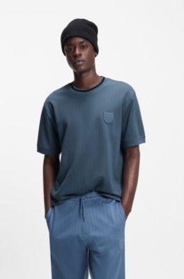 Cotton-blend T-shirt with drop-needle stripe, Light Blue