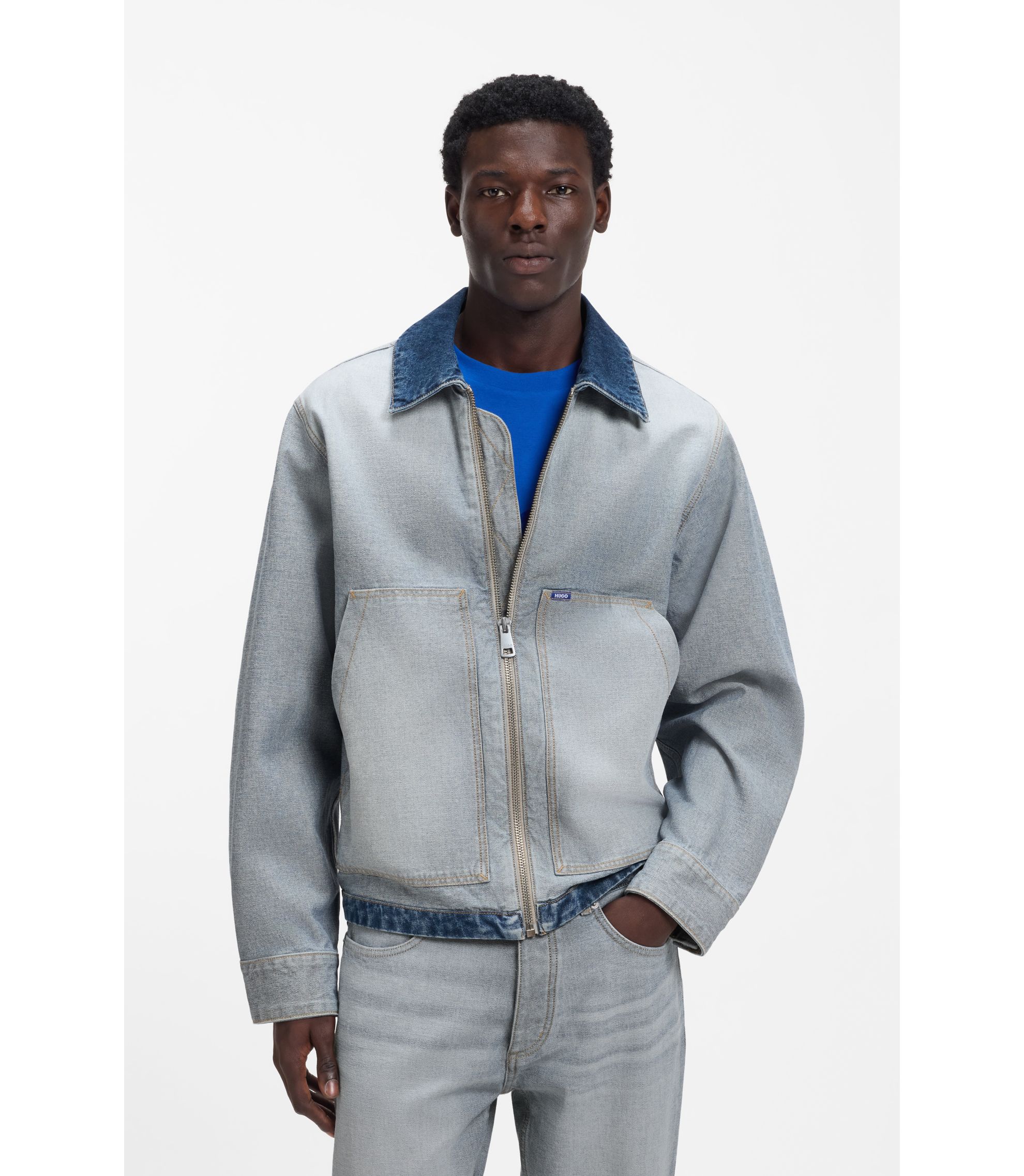 HUGO - Denim jacket with inside-out styling - Light Blue