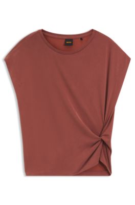 Camiseta holgada con detalle lateral de nudo, Rojo oscuro