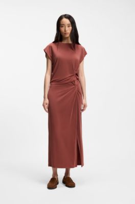 Camiseta holgada con detalle lateral de nudo, Rojo oscuro