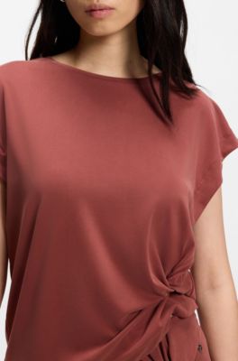 Camiseta holgada con detalle lateral de nudo, Rojo oscuro