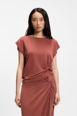 Camiseta holgada con detalle lateral de nudo, Rojo oscuro
