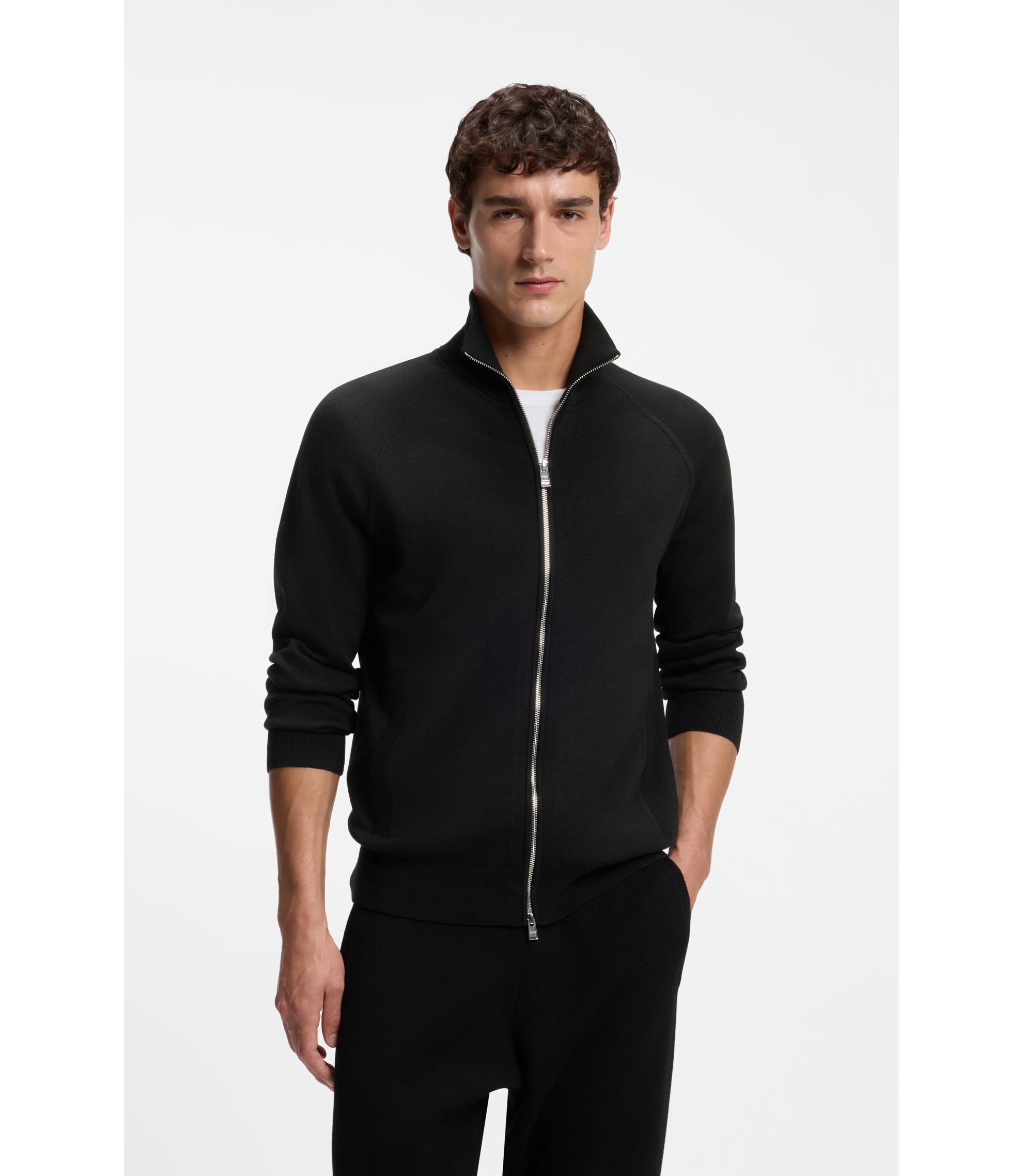 BOSS - Virgin-wool cardigan with zip front - Black