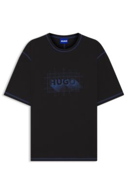 Camiseta de punto de algod&oacute;n con logo y pespuntes en contraste, Negro