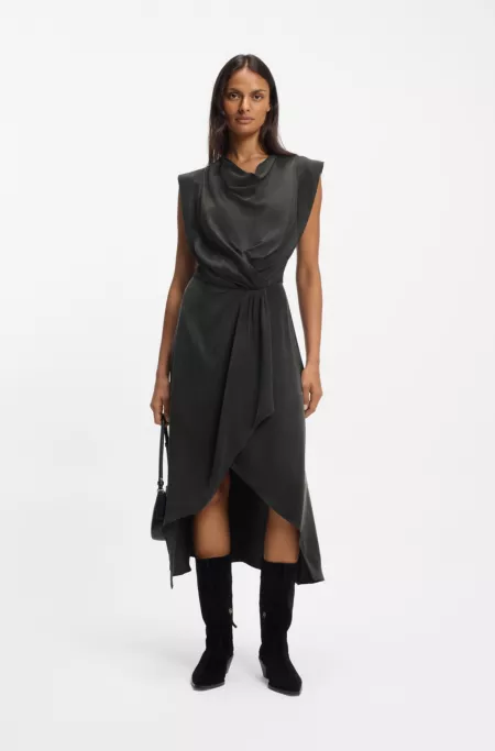 Wrap-skirt dress with cowl neck