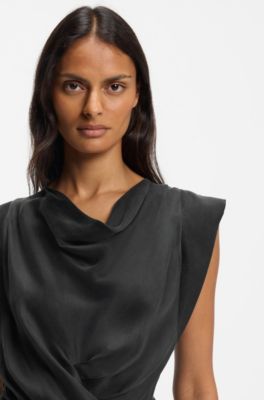 Vestido con cuello en cascada y falda cruzada, Gris claro