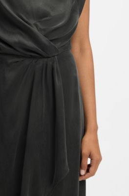 Vestido con cuello en cascada y falda cruzada, Gris claro