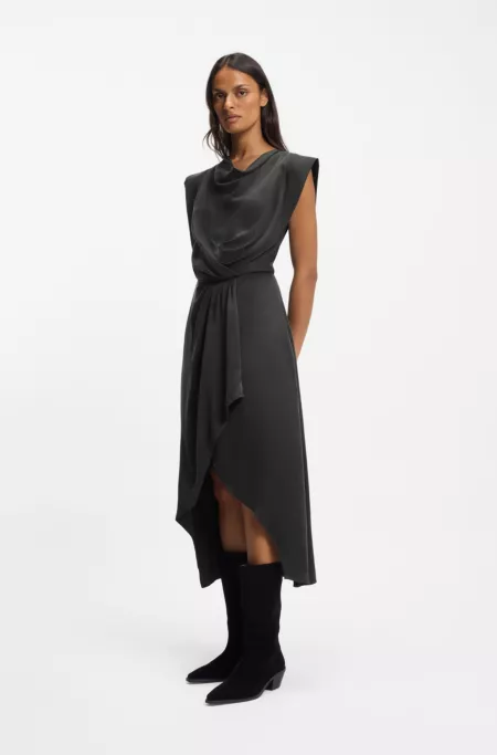 Wrap-skirt dress with cowl neck
