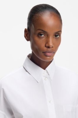 Blusa oversize fit en popel&iacute;n de algod&oacute;n y organza, Blanco