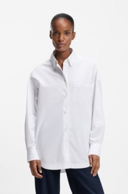 Blusa oversize fit en popel&iacute;n de algod&oacute;n y organza, Blanco