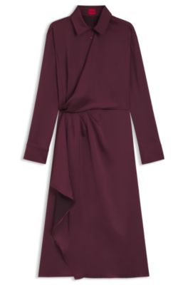 Drape-detail midi dress in satin, Dark Purple
