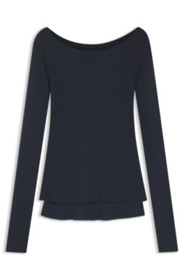Sheer-jersey top with double layer, Dark Blue