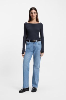 Sheer-jersey top with double layer, Dark Blue