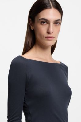 Sheer-jersey top with double layer, Dark Blue