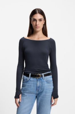 Sheer-jersey top with double layer, Dark Blue