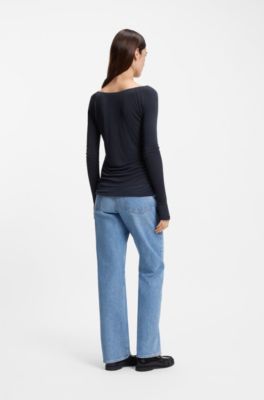 Sheer-jersey top with double layer, Dark Blue